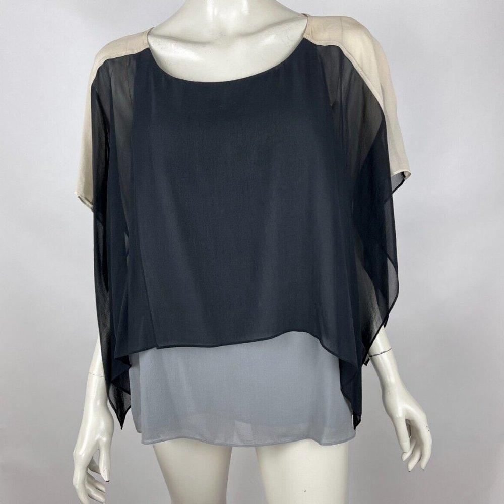 Eileen Fisher Silk Top Women M Layers Colorblock Kimono Blouse Lined Scoop Neck